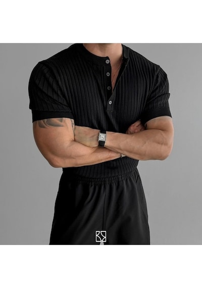 Erkek Hakim Yaka Düğmeli Triko T-shirt Siyah