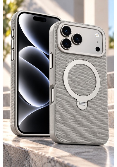 İphone 17 Pro 360 Döner Manyetik Halkalı Standlı Magsafe Uyumlu Telefon Kılıfı - Gri-15093