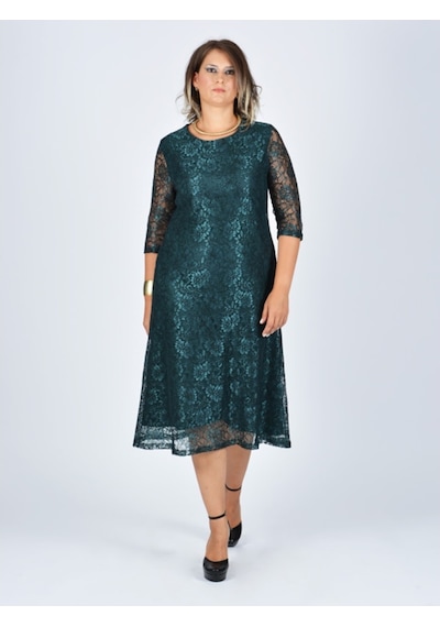 Nidya Moda Büyük Beden Sıfır Yaka Dantel Elbise-4036Y Çok Renkli