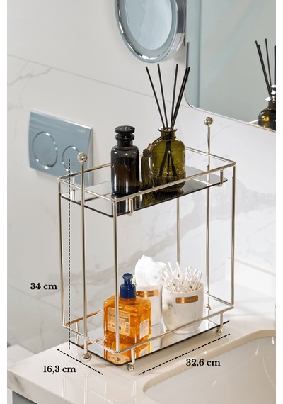 Parlak Silver 2 Katlı Dikdörtgen Banyo Organizer Tezgah Üstü Düzenleyici Pleksili