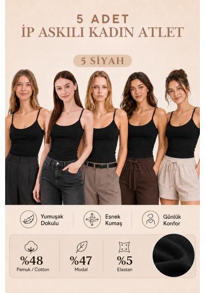 Loule Kadın 5'li İp Askılı Atlet Siyah Modal Pamuk