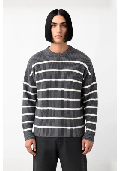 Frm Casual Erkek Kalın Triko Dokulu Bisiklet Yaka Çizgili Oversize Se Antrasit