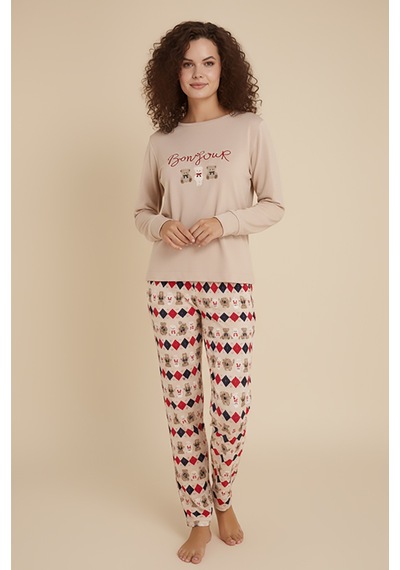 Luxury Thermal Bonjour Köpek Desenli Kadın Polar Kışlık Pijama Takımı 42042 Bej