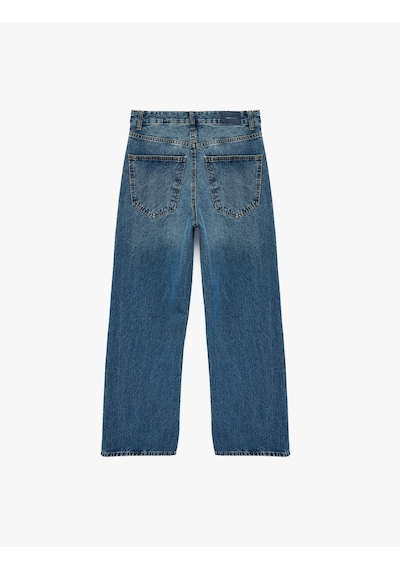 Koton Normal Bel Cepli Düğmeli Düz Paça Bol Kalıp Denim Pantolon - Baggy Jean Orta İndigo 6sal40193md