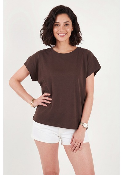 Lela Pamuklu Rahat Kalıp Bisiklet Yaka T Shirt Bayan T Shirt 5866955 Kahve