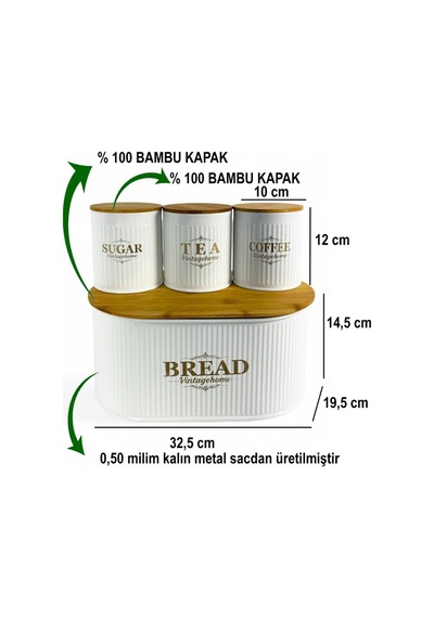 Bambu Kapaklı Metal Ekmeklik & Kavanoz Seti Modern Mutfak Düzeni Beyaz Diğer