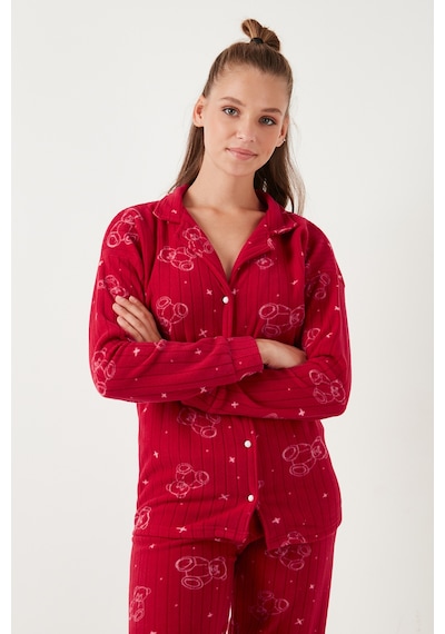 Lela Standart Fit Düğmeli Polarlı Bayan Pijama Takımı 6095616 Kırmızı