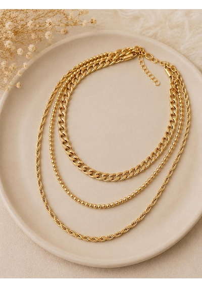 Premium Gold Renk Parlak Ve Şık 3'lü Katmanlı Zincir Kombin 316l Çelik Kadın Kolye 45cm Altin