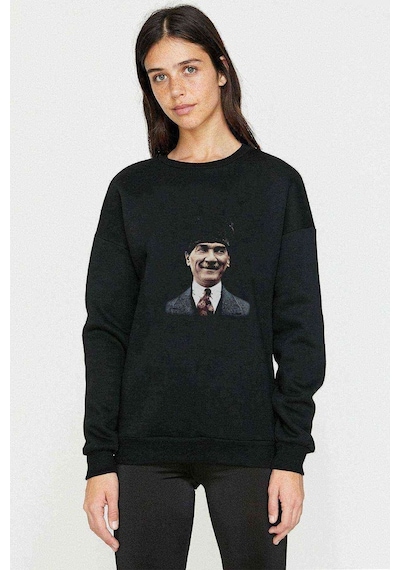 Atatürk Mustafa Kemal Paşa Baskılı Siyah Kadın Sweashirt