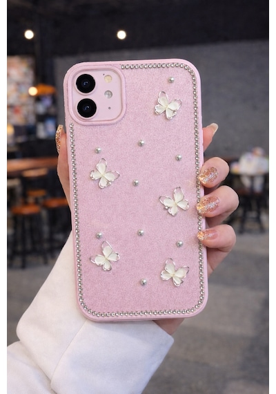 Apple Uyumlu iPhone 11 Kelebek Figürlü Simli İnci Taşlı Lüx Silikon Kılıf Pembe