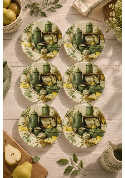 6 Lı Cam Çay Tabağı Yeşil Vintage Mutfak Desenli 6 Adet Çay Tabak