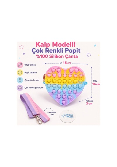 %100 Silikon Kalp Çok Renkli Popit Çanta