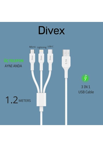 Divex 3.1a 3'ü Bir Arada Hızlı Şarj Data Kablosu Dc-113