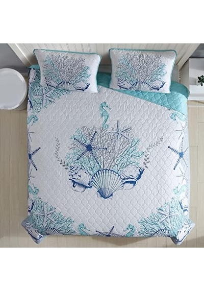 Caribbean Joe Coastal 3 Parça Yorgan Seti, King, Beach Delight Aqua 7/8 Yaş