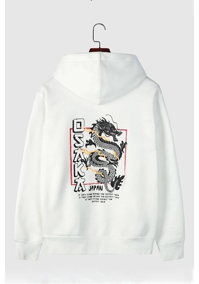 Uyguntarz Unisex Osaka Baskılı Kapüşonlu Sweatshirt beyaz