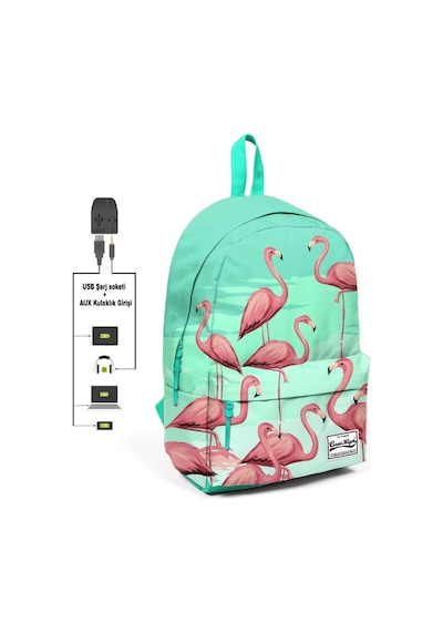 Coral High Yeşil Flamingo Desenli Sırt Çantası Okul ve Günlük - USB+AUX Soketli 23432