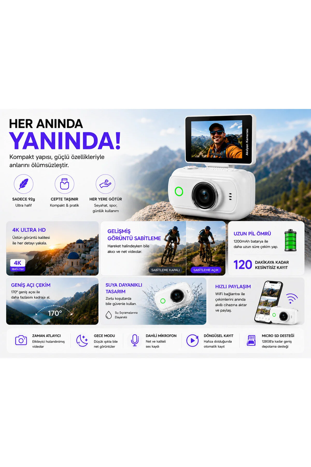 Viora 4k Aksiyon Kamerası Mini 180 Döner Ekran Wifi App Geniş Açı Taşınabilir Vlog Kamera Siyah