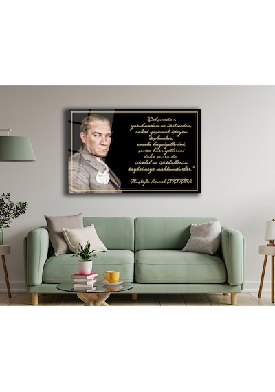 Atatürk Ve Sözleri Yatay Cam Tablo, Modern Ev Ofis Salon Duvar Dekoru Hediyelik Büyük Tablo Dekor