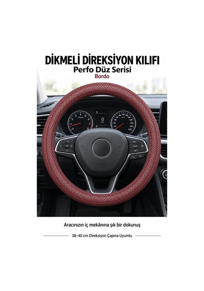 Trobus Volkswagen Taigo 2021-2025 Uyumlu Dikmeli Direksiyon Kılıfı Perfo Düz Delikli Deri Bordo