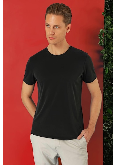 Efor Slim Fit Bisiklet Yaka %100 Pamuk Siyah Tişört Ts 878 Siyah