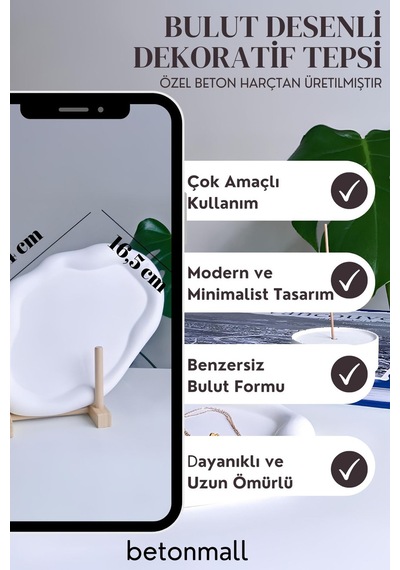Bulut Desenli Beton Tabak Minimal Takı Ve Anahtar Tabağı Dekoratif Sunum Tepsisi 24 Cm Sade Beyaz