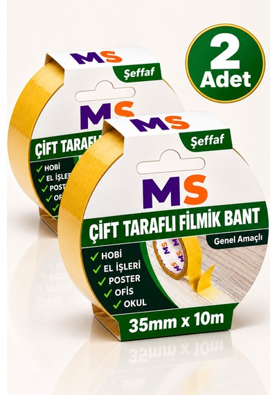 2 Adet Çift Taraflı Filmik Şeffaf Bant 35 Mm X 10 Metre Yapışkanlı Hobi Bandı El Çok Amaçlı Bantları