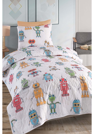 Eponj Home Yatak Örtüsü Seti Tek Kişilik Pamuklu 2 Parça Roboti Desen Beyaz / Yumuşak Dokulu Beyaz