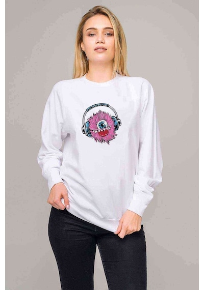 Pinl Sevimli Can Blue Kulaklık Baskılı Beyaz Kadın Sweatshirt