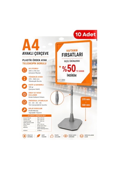10 Adet - A4 Ayaklı Fiyat Etiketlik Teleskopik Borulu Çerçeve Etiketlik Yönlendirme Levhası Menü Panosu Turuncu