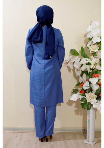 Deryam Tekstil Kadın Sofya Keten Tunik Pantolon Takımı Mavi 40 Beden Mavi