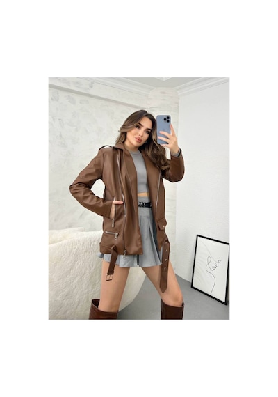 Meecy Kadın Oversize Biker Deri Ceket Kahve Kahve