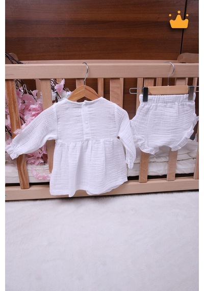 Babyhola Kız Bebek Çocuk Yazlık Elbise Müslin Önlüklü Şortlu Takım 22410 Beyaz