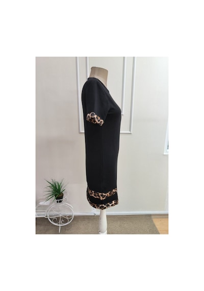 Butik İstanbul Kadın Kısa Kollu Bisiklet Yaka Leopar Şerit Detaylı Kısa Modal Elbise Siyah