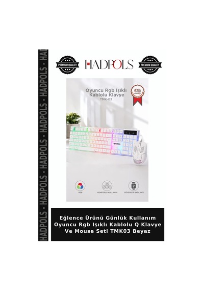 Eğlence Ürünü Günlük Kullanım Oyuncu Rgb Işıklı Kablolu Q Klavye Ve Mouse Seti Tmk03 Beyaz