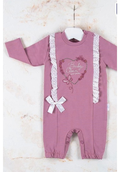 Baby Donat Love Kalp Nakışlı % 100 Pamuk Kız Bebek Tulumu Mor