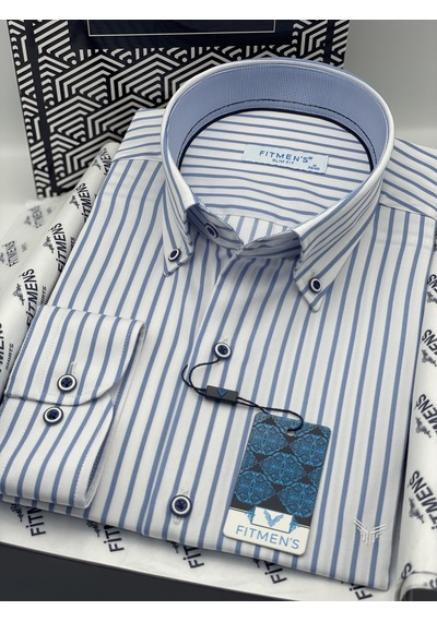 Slim Fit Uzun Kol Premium Kalın Çizgili Yaka Düğmeli Hediye Kutulu Kolay Ütülenebilir Erkek Gömlek Fs-001375 - Beyaz Açık Mavi-1494