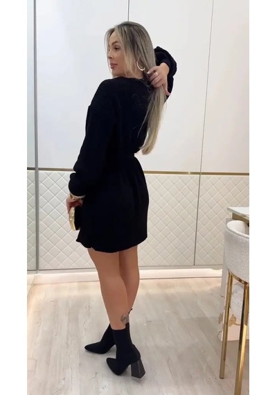 Kadın Uzun Kollu Yuvarlak Yakalı Kısa Triko Elbise Siyah