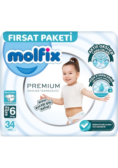 Molfix Premium Bebek Bezi Beden:6 15+kg Extra Large Fırsat 34 Adet