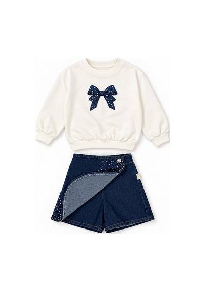 Beniizle Kız Çocuk Fiyonk Detaylı Sweatshirt Ve Taşlı Denim Şort Etek 2 Li Takım Beyaz