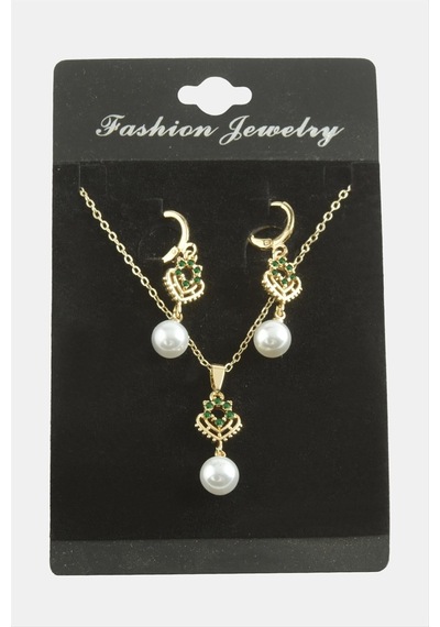 Zenviac456 Kalp İnci Zirkon Taşlı Set Kolye Zenviac45678 Yeşil