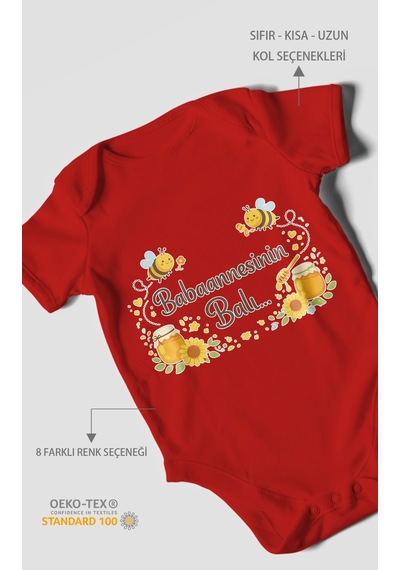 Morivokids Babannesinin Balı Kısa Kollu Bebek Body %100 Pamuk Kırmızı