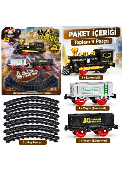 Klasik Pilli 9 Parça Tren Locomotıve Konteyner Ve Transport Vagonlu Oyuncak Seti