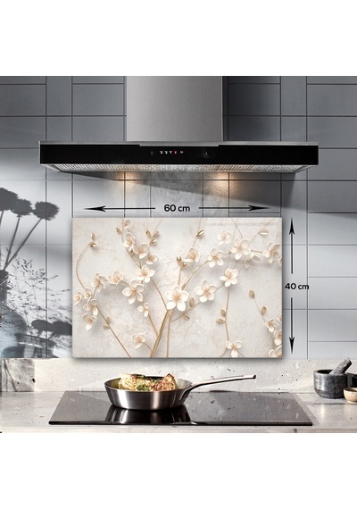 Decorita Cam Ocak Arkası Koruyucu| Beyaz Çiçek-Gold | 40cm x 60cm