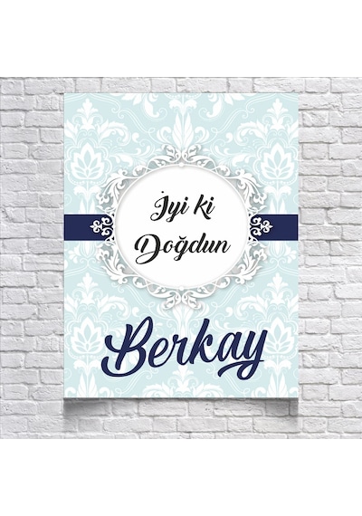 Mavi Damask Desenli Doğum Günü Afişi 70x100 Cm