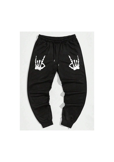 Tarzsokak Halloween Skeleton Hand Print Drawstring Waist Eşofman Altı Siyah