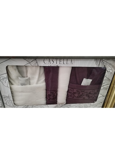 Castella 8 Parça %100 Pamuk Kutulu Çeyizlik Aile Bornoz Seti Bornoz Takımı Çeyiz Set Beyaz - Fuşya