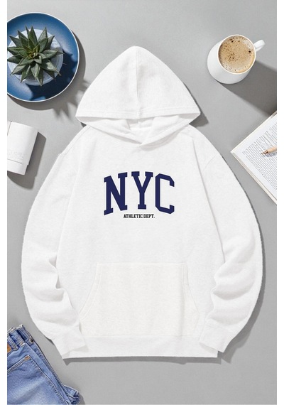 Uyguntarz Unisex Nyc Tasarım Baskılı Kapüşonlu Sweatshirt beyaz