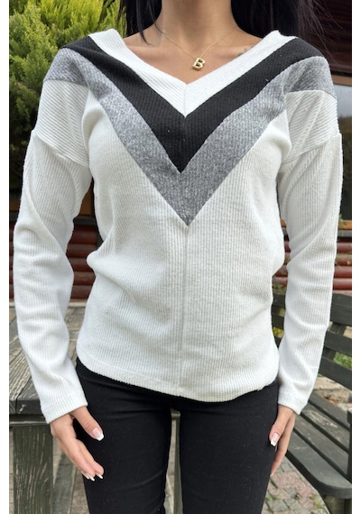 WeShaya Kadın Ekru Uzun Kollu V Yaka Color Block Pamuklu Bluz Sweatshirt Ekru