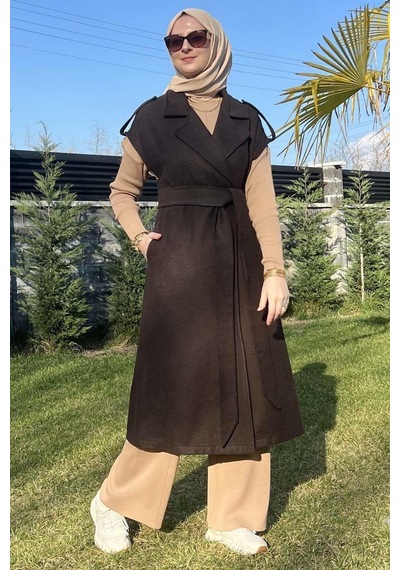 Rabia Şamlı Apoletli Acı Kahve Yelek Normal