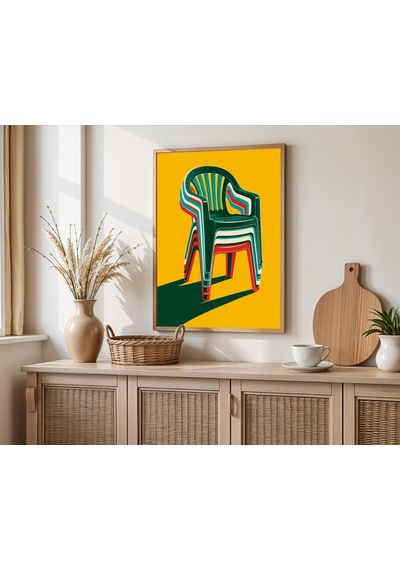 Retro Plastik Bahçe Sandalyeleri Sanat Baskısı Orta Çağ Modern Pop Art Hardal Sarısı Serigrafi Baskı Açık Ahşap